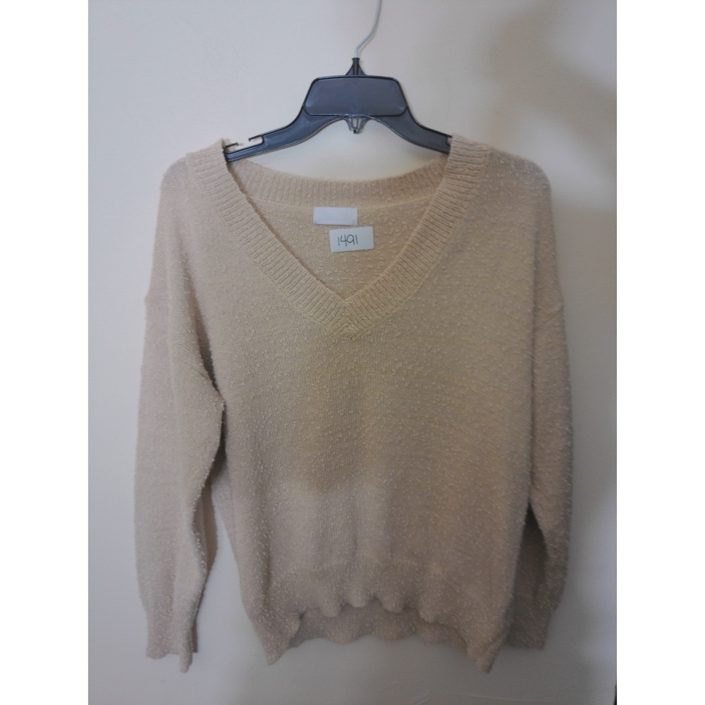 Isalis V-Neck Sweater Women Small Cream Textured Knit Long Sleeve Boho Preppy